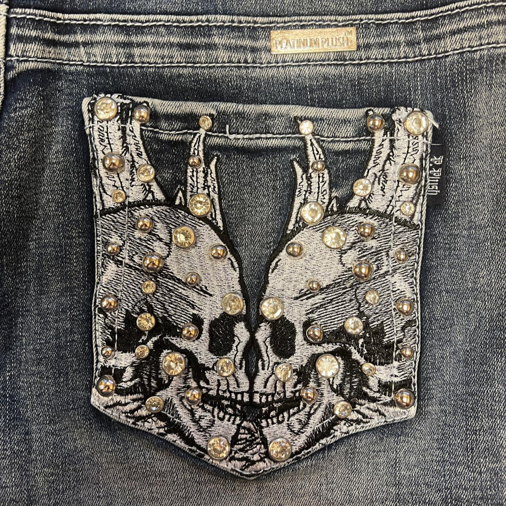 Shorts de mezclilla con calavera y alas de diamantes de imitación para mujer de Bus StopEX-STOCK Canada