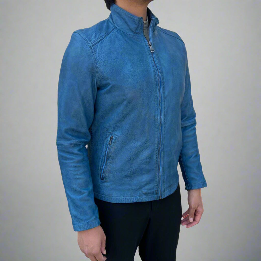 Veste en cuir de mouton pour homme. Col montant classique avec 2 pochesEX-STOCK Canada