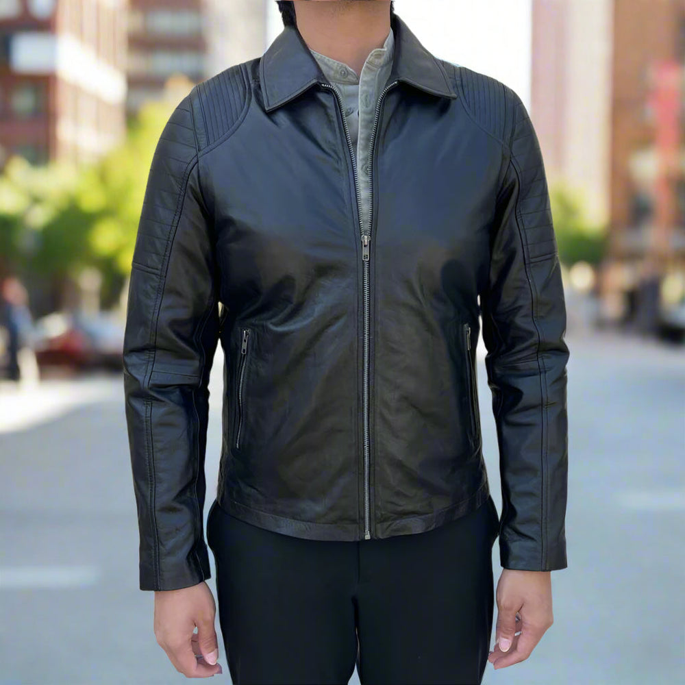 Chaqueta de cuero de oveja para hombre. Diseño clásico acolchado en los hombros con 2 bolsillosEX-STOCK Canada