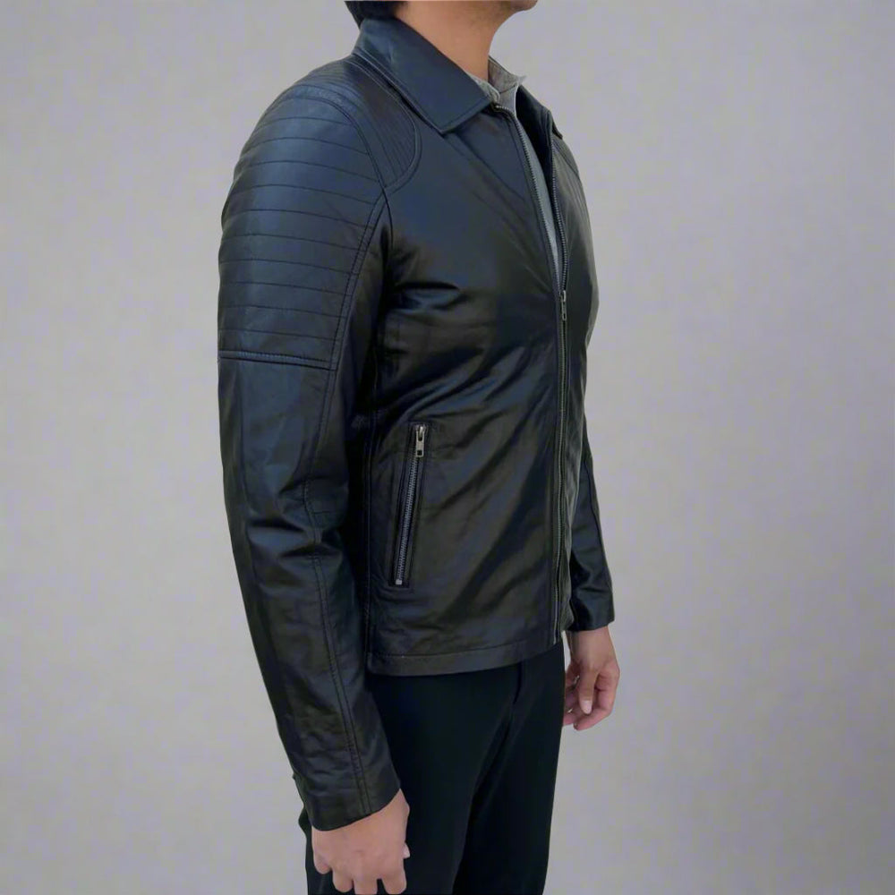 Chaqueta de cuero de oveja para hombre. Diseño clásico acolchado en los hombros con 2 bolsillosEX-STOCK Canada