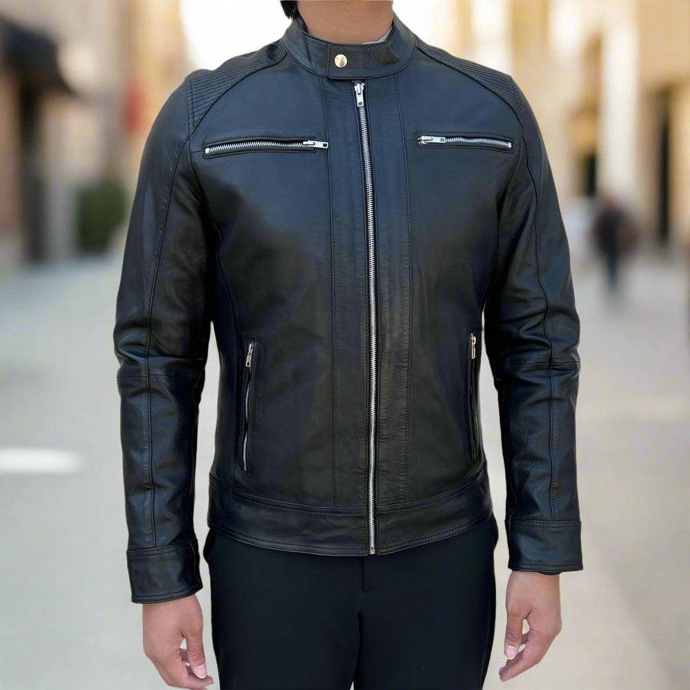 Men’s Sheep Leather Jacket. 4-Pocket, Stand Snap Collar & Silver Zippers EX-STOCK Canada