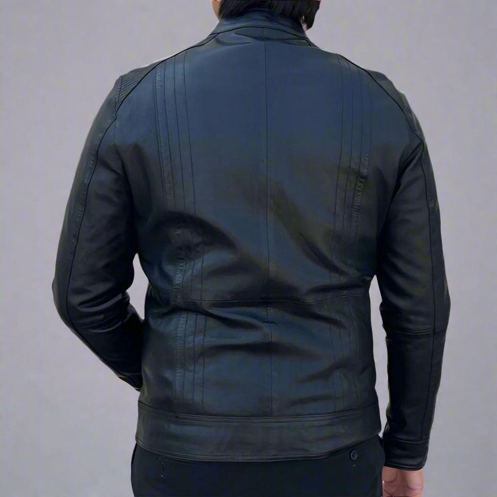 Men’s Sheep Leather Jacket. 4-Pocket, Stand Snap Collar & Silver Zippers EX-STOCK Canada