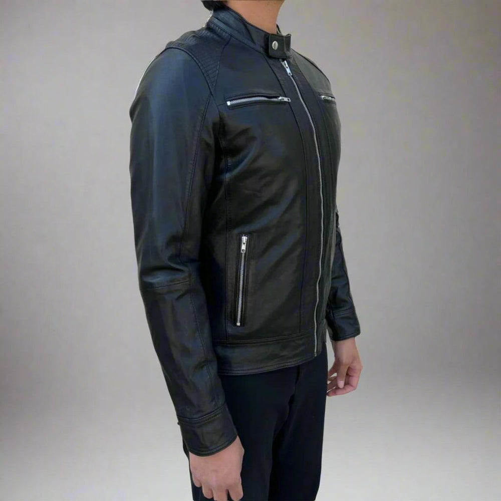 Men’s Sheep Leather Jacket. 4-Pocket, Stand Snap Collar & Silver Zippers EX-STOCK Canada
