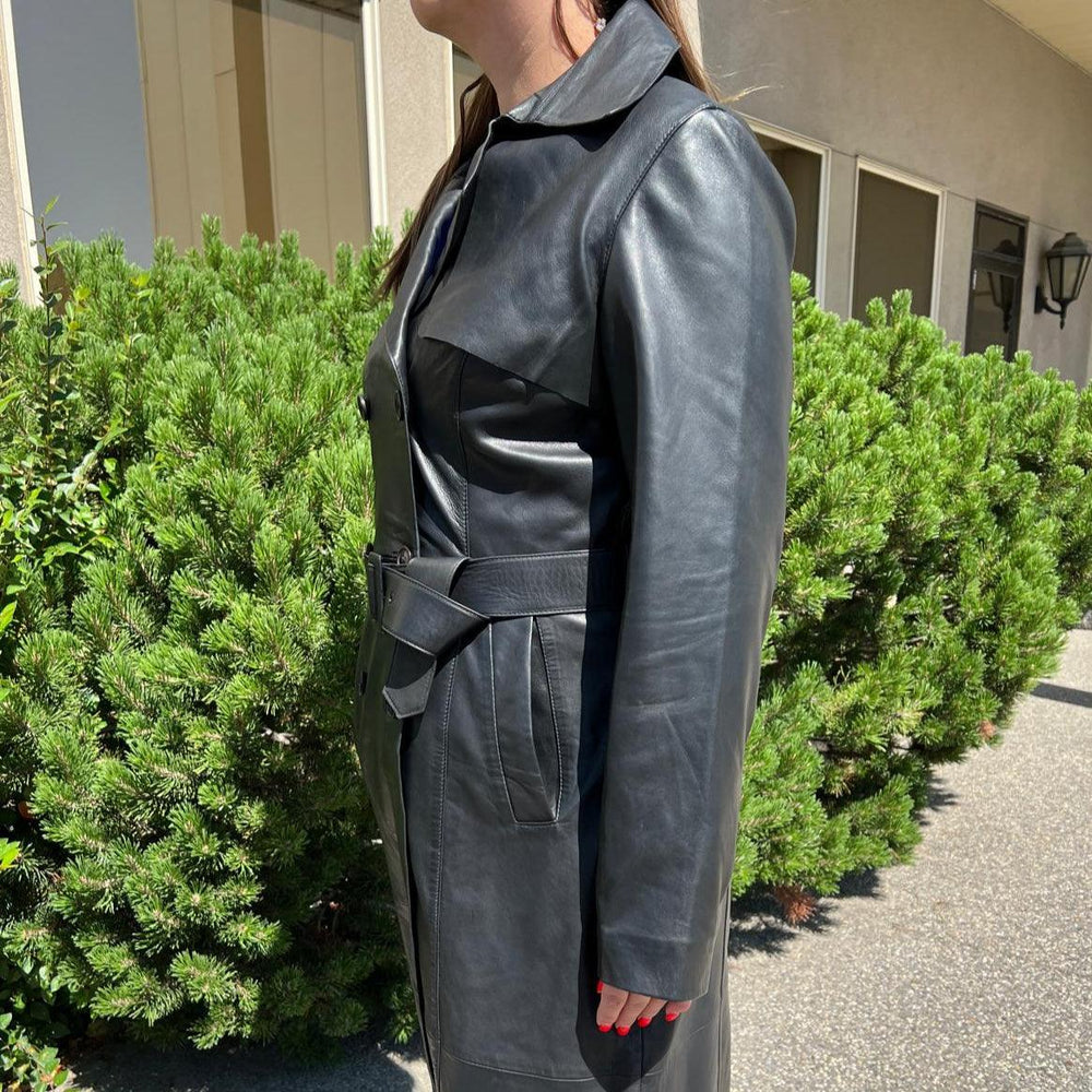 Women's Classic Leather Trench Coat. Double-Breasted Button Closure with Adjustable Belt | EX-STOCK Canada