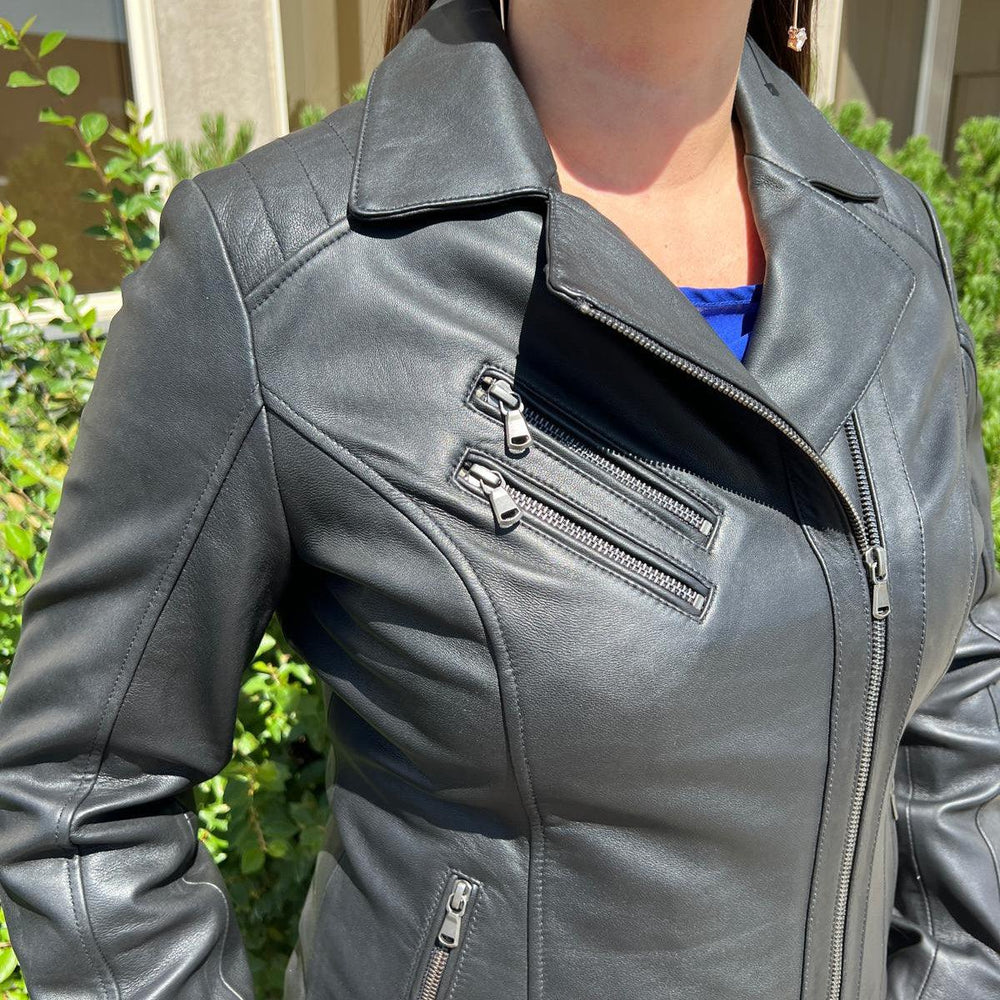 Women's Lamb Leather Biker Look Jacket with Asymmetrical Collar and Stitched Shoulders EX-STOCK Canada