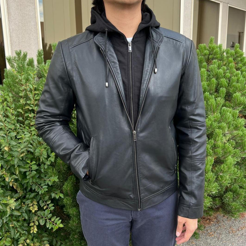 Men's Lamb Leather Hoodie Jacket with Detachable Hood EX-STOCK Canada