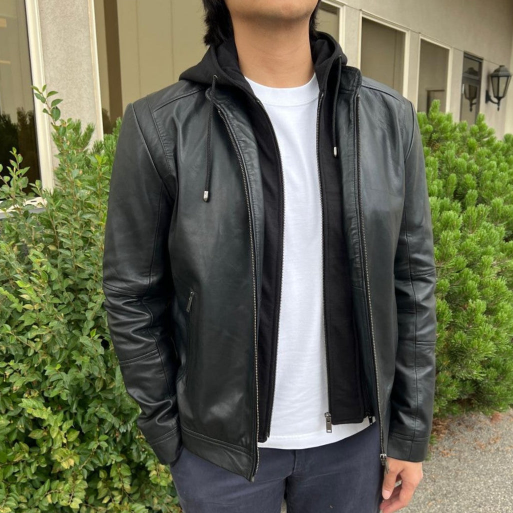 Chaqueta tipo sudadera de cuero de cordero para hombre con capucha desmontableEX-STOCK Canada