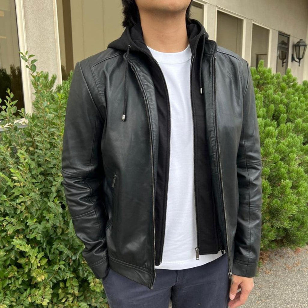 Men's Lamb Leather Hoodie Jacket with Detachable Hood EX-STOCK Canada
