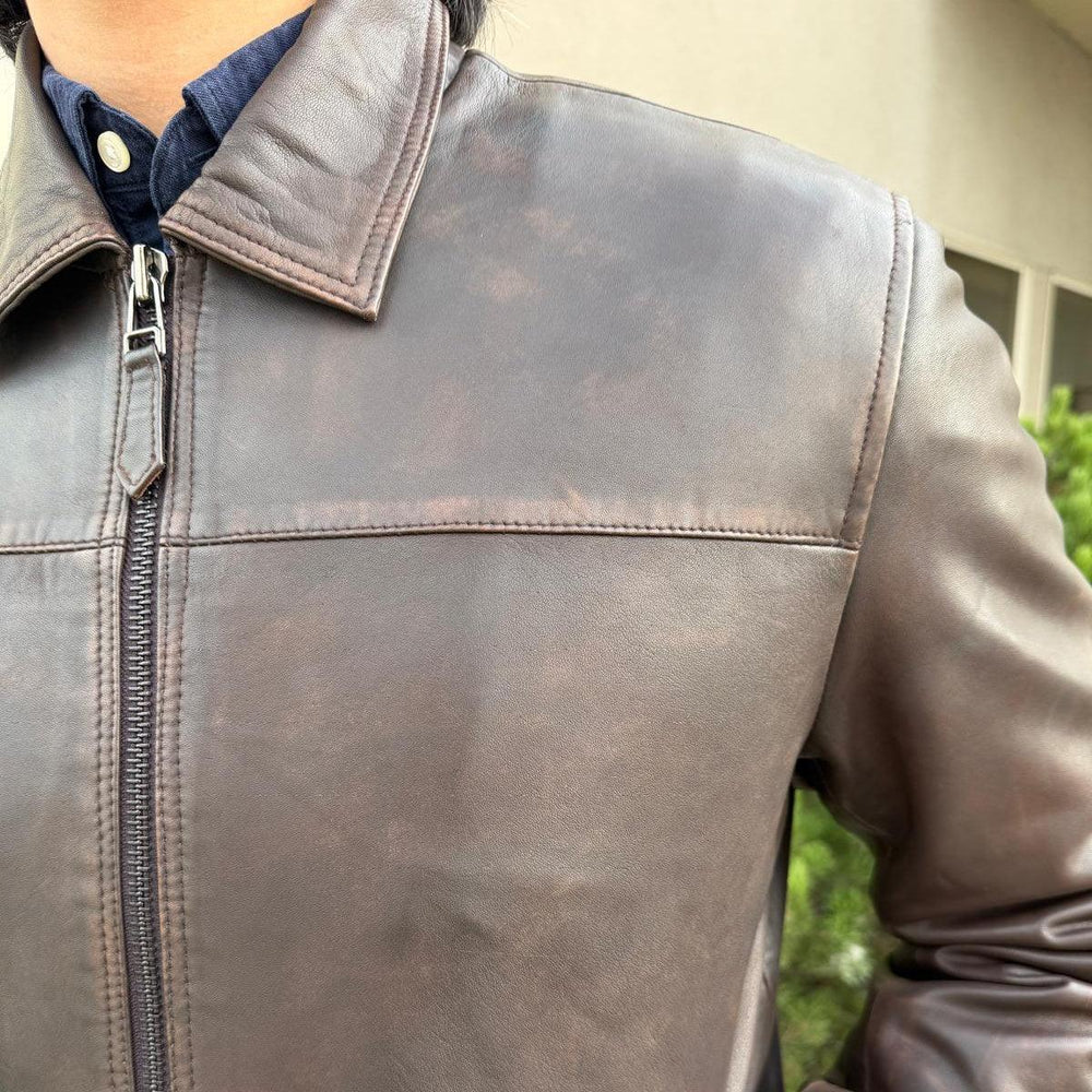 Men's Lamb Leather Jacket. Brown Classic Fit with Full Zip & Side Pockets EX-STOCK Canada