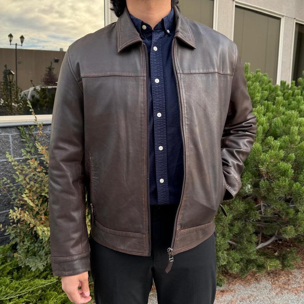 Men's Lamb Leather Jacket. Brown Classic Fit with Full Zip & Side Pockets EX-STOCK Canada