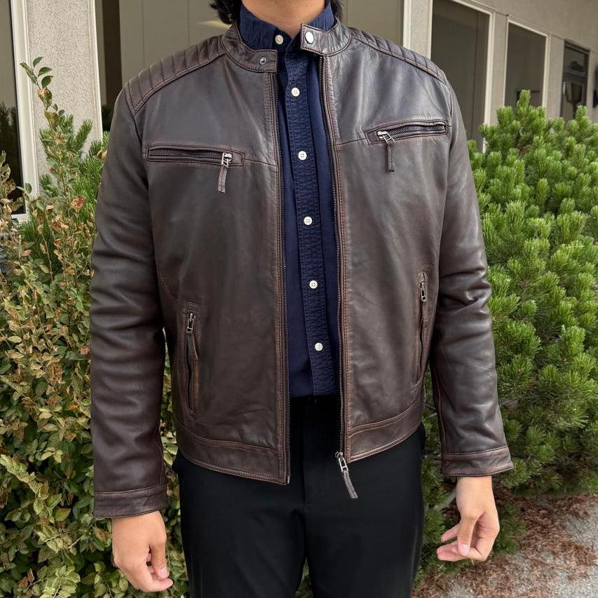 Men's Lamb Leather Jacket. Brown Vintage Style with Zip Pockets EX-STOCK Canada
