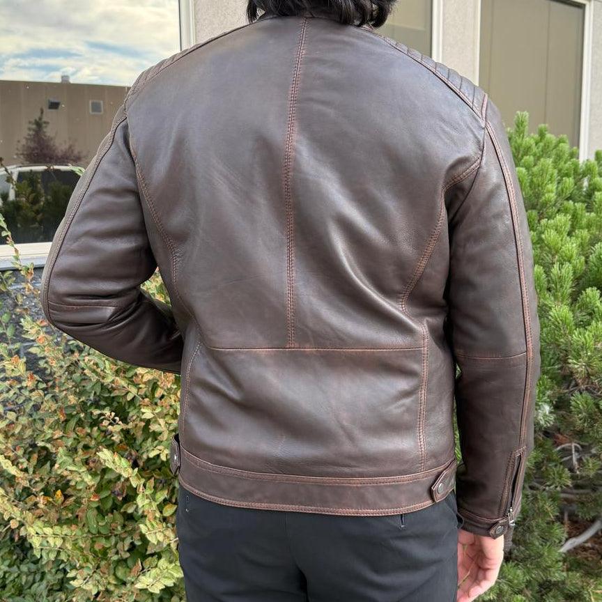 Men's Lamb Leather Jacket. Brown Vintage Style with Zip Pockets EX-STOCK Canada