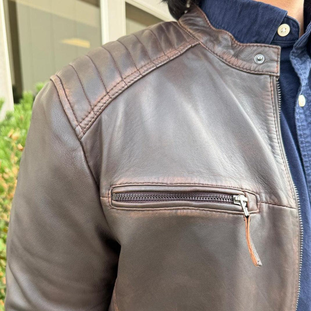 Men's Lamb Leather Jacket. Brown Vintage Style with Zip Pockets EX-STOCK Canada