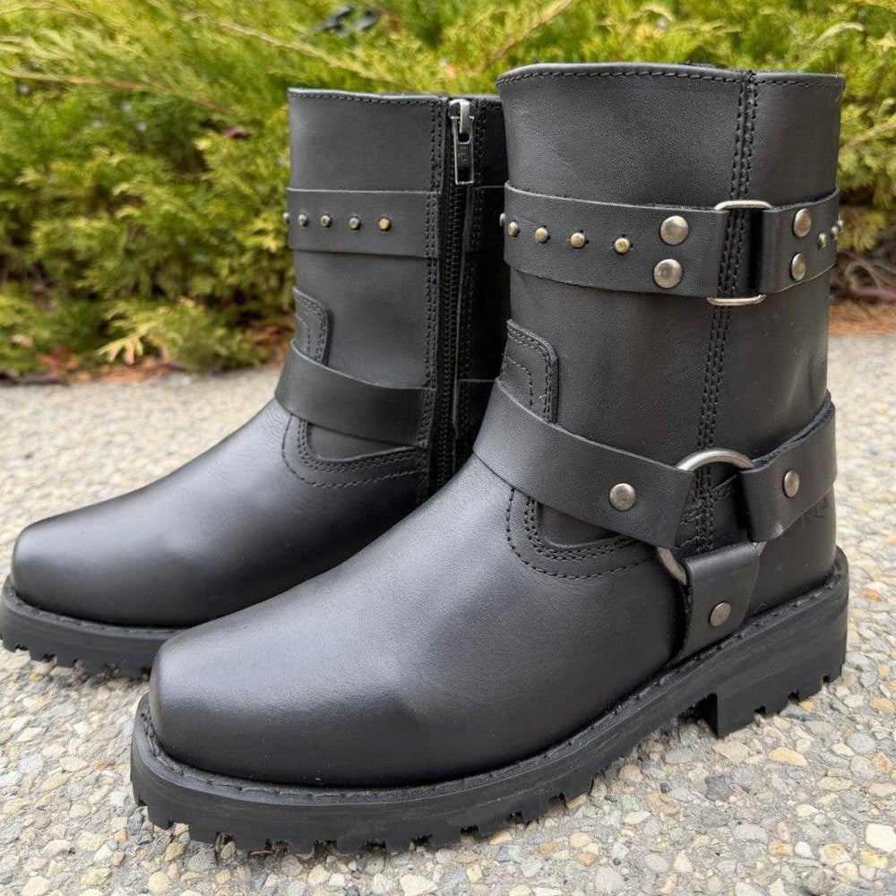 Women's Motorcycle Biker Leather Boots. Black Cowhide with Studded Straps & Side Zip EX-STOCK Canada