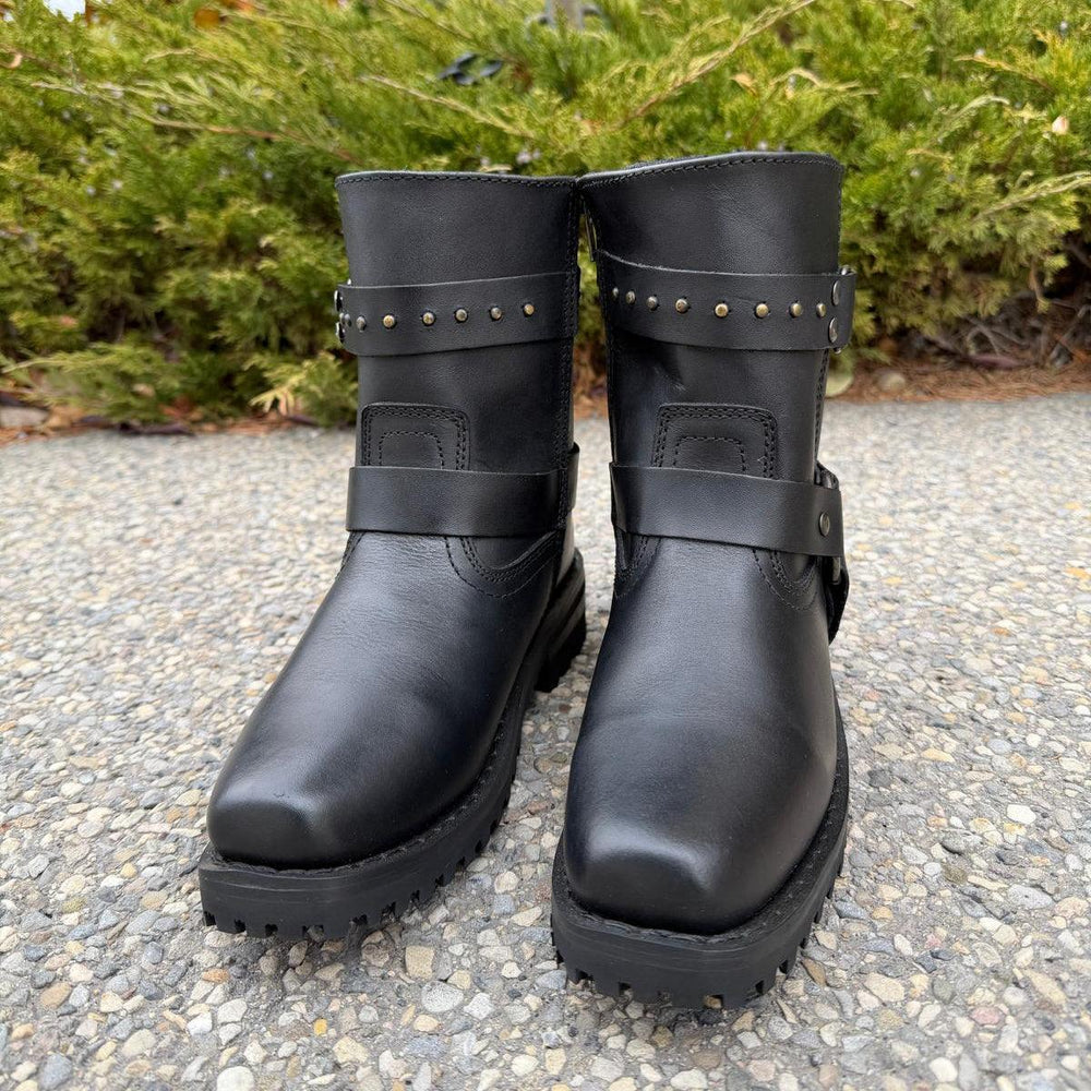 Women's Motorcycle Biker Leather Boots. Black Cowhide with Studded Straps & Side Zip EX-STOCK Canada