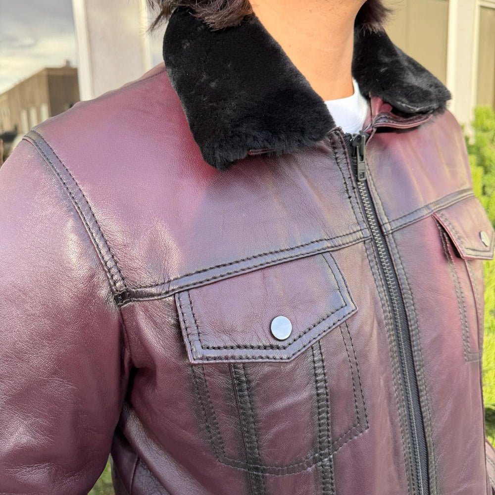 Chaqueta de cuero de oveja para hombre con cuello de piel desmontableEX-STOCK Canada