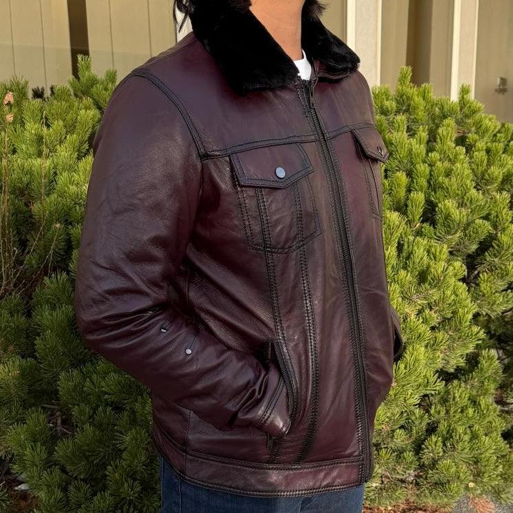 Men's Sheep Leather Jacket with Removable Fur Collar EX-STOCK Canada