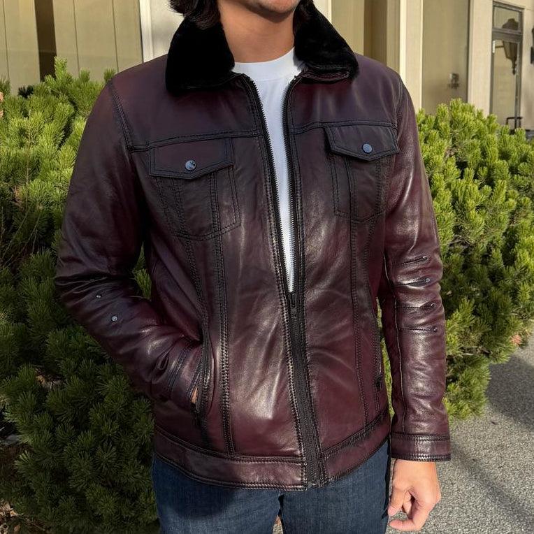 Men's Sheep Leather Jacket with Removable Fur Collar EX-STOCK Canada
