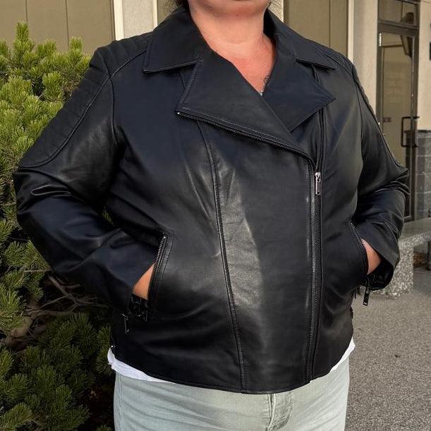 Women's Lamb Leather Biker Jacket with Quilted Ribbed Shoulders EX-STOCK Canada