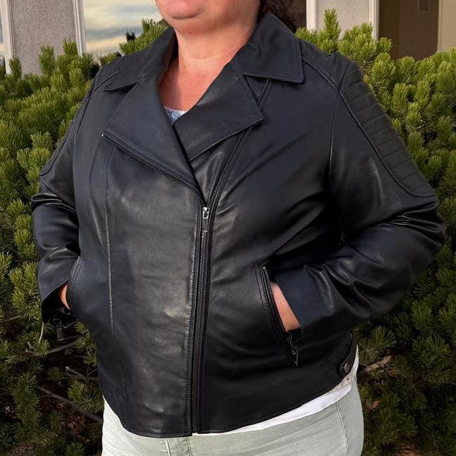 Women's Lamb Leather Biker Jacket with Quilted Ribbed Shoulders EX-STOCK Canada