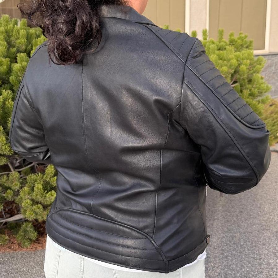 Women's Lamb Leather Biker Jacket with Quilted Ribbed Shoulders EX-STOCK Canada