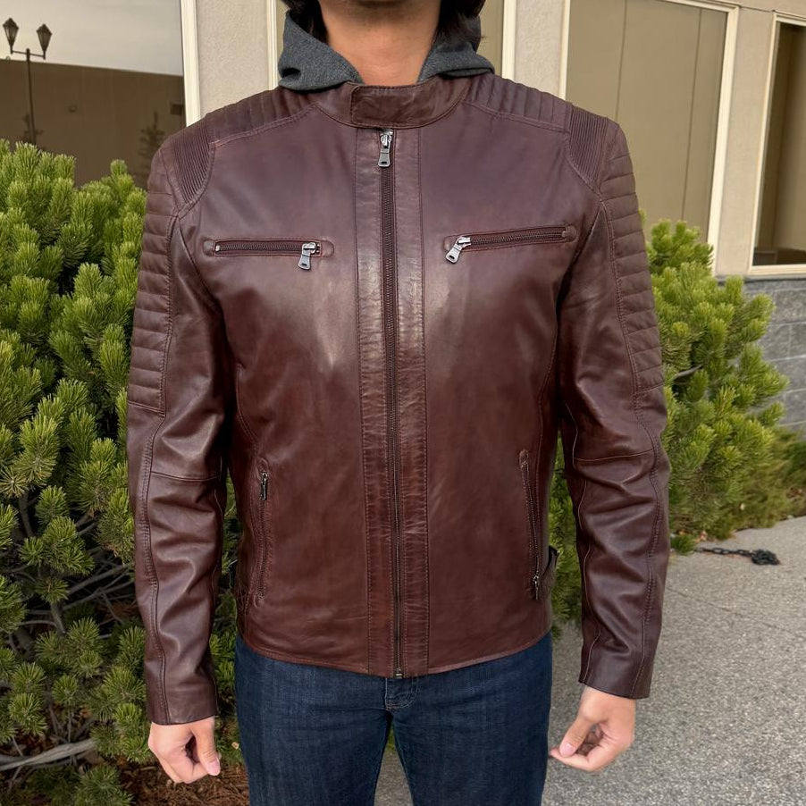 Chaqueta de cuero de cordero para hombre con capucha extraíbleEX-STOCK Canada