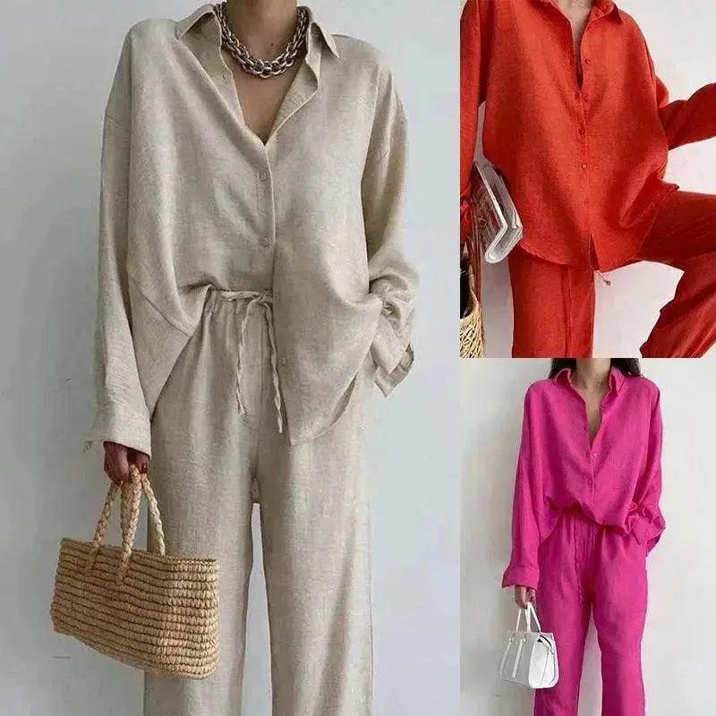 Ensemble pour femmes 2 pièces en lin avec chemise à boutons et pantalon droit EX-STOCK Canada