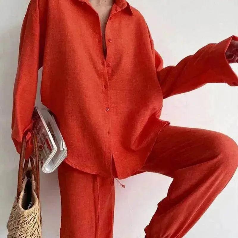 Ensemble pour femmes 2 pièces en lin avec chemise à boutons et pantalon droit EX-STOCK Canada