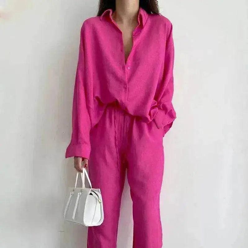 Ensemble pour femmes 2 pièces en lin avec chemise à boutons et pantalon droit EX-STOCK Canada
