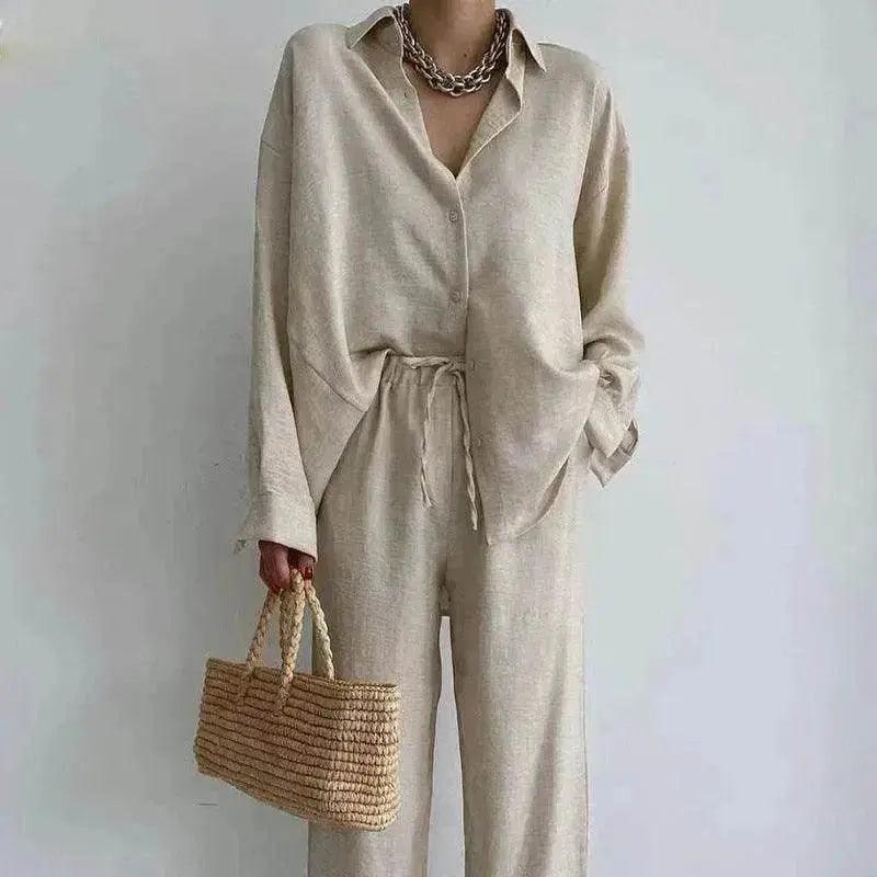 Ensemble pour femmes 2 pièces en lin avec chemise à boutons et pantalon droit EX-STOCK Canada