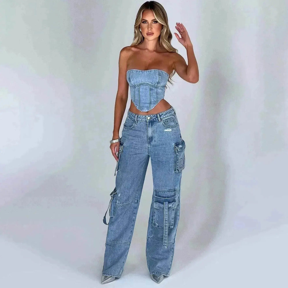Women's American-style Low Waist Three-dimensional Pocket Stitching Jeans Denim Cargo Pant Trouser. Denim Outfit Set - EX-STOCK Canada