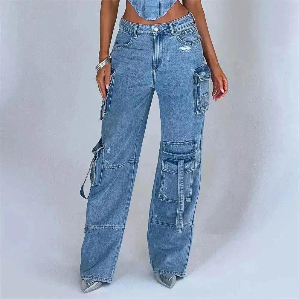 Jean cargo femme style américain taille basse avec poches tridimensionnelles et surpiqûres. Ensemble tenue en denim - EX-STOCK Canada