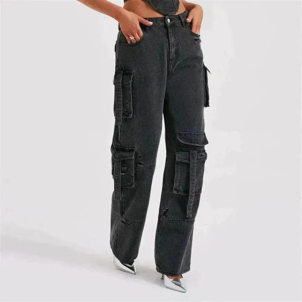 Jean cargo femme style américain taille basse avec poches tridimensionnelles et surpiqûres. Ensemble tenue en denim - EX-STOCK Canada