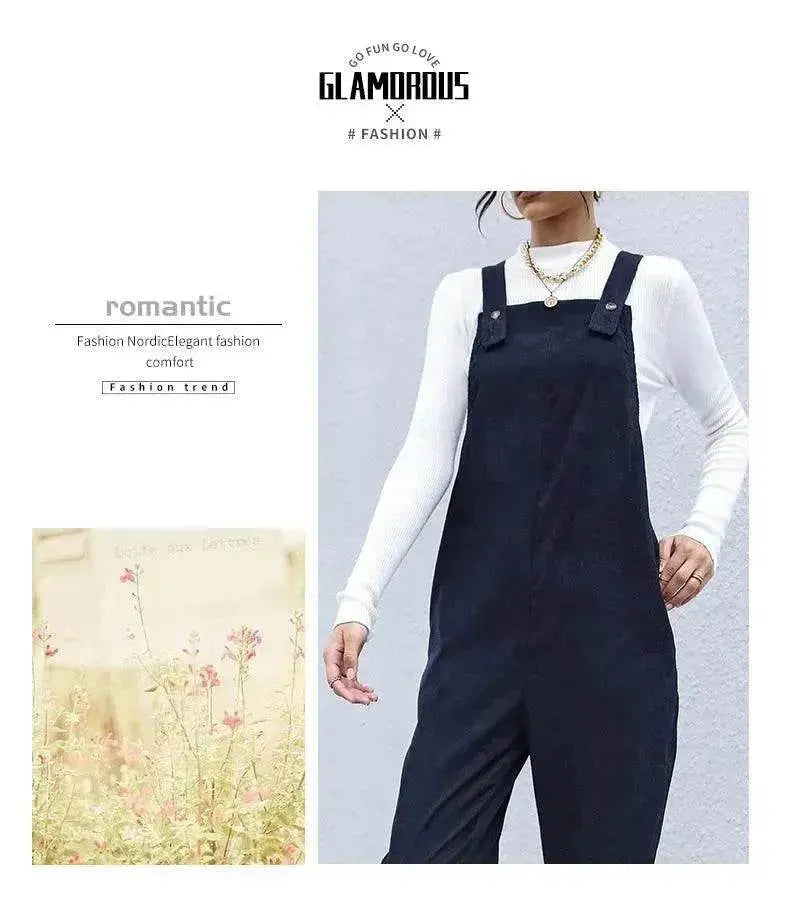 Women's Autumn Warm Corduroy Loose Solid Color Suspender Pants - EX-STOCK Canada
