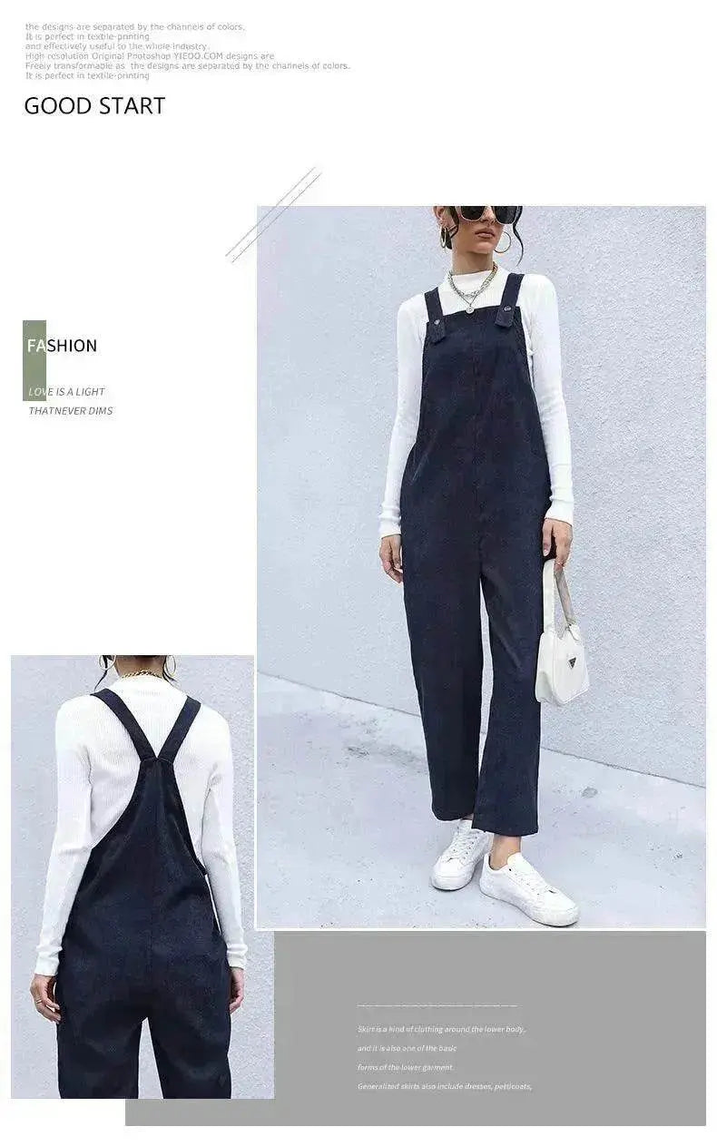 Women's Autumn Warm Corduroy Loose Solid Color Suspender Pants - EX-STOCK Canada