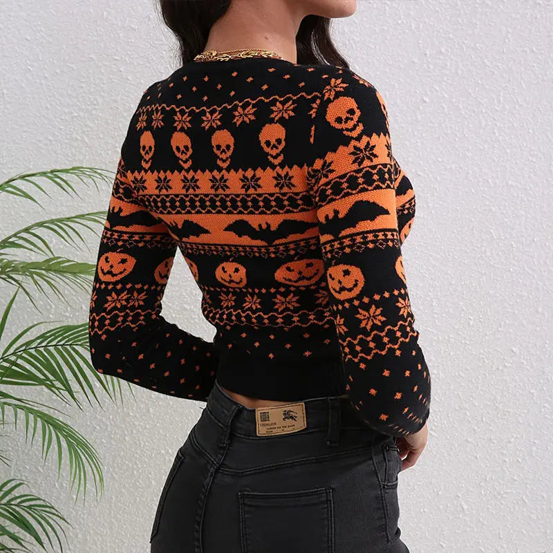 Women's Contrast Color Jacquard Fashion Round Neck Sweater - EX-STOCK Canada