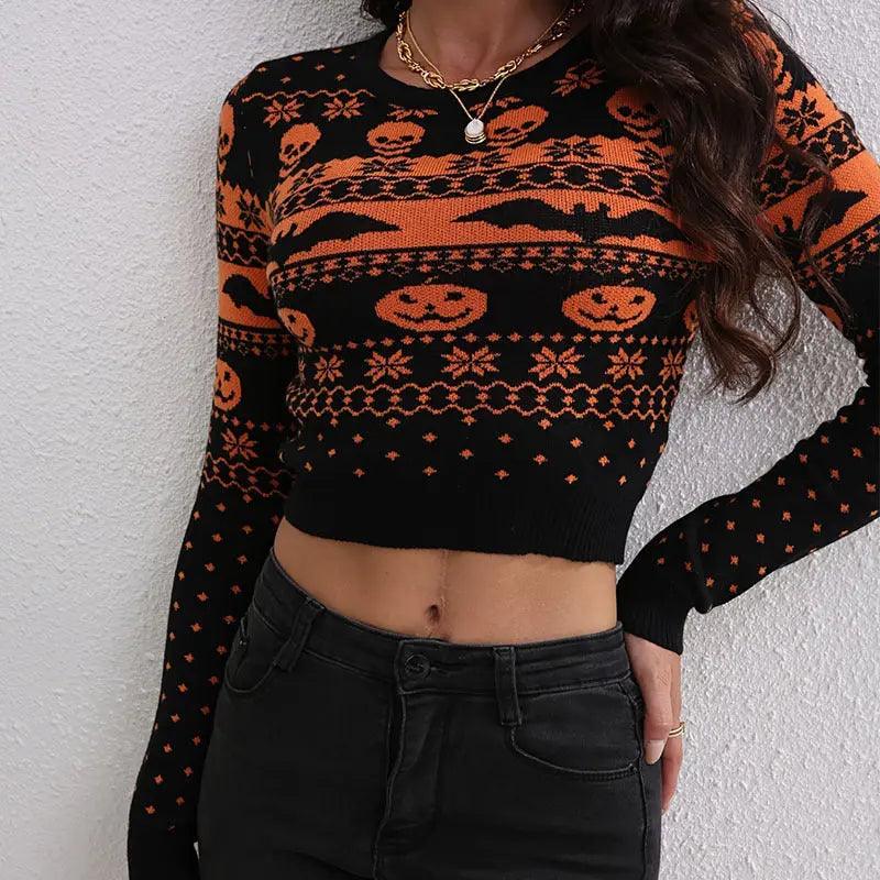 Women's Contrast Color Jacquard Fashion Round Neck Sweater - EX-STOCK Canada