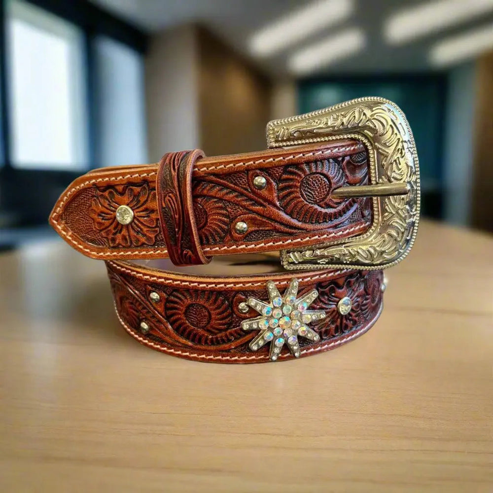 Women's Embossed Western Leather Belt with Bling Stars EX-STOCK Canada