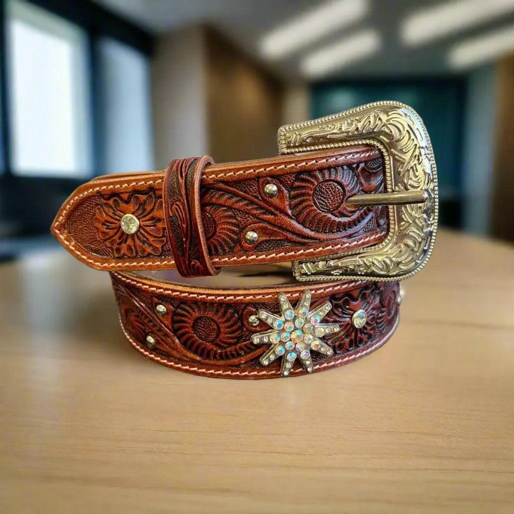 Women's Embossed Western Leather Belt with Bling Stars EX-STOCK Canada