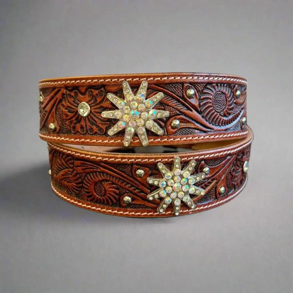 Women's Embossed Western Leather Belt with Bling Stars EX-STOCK Canada