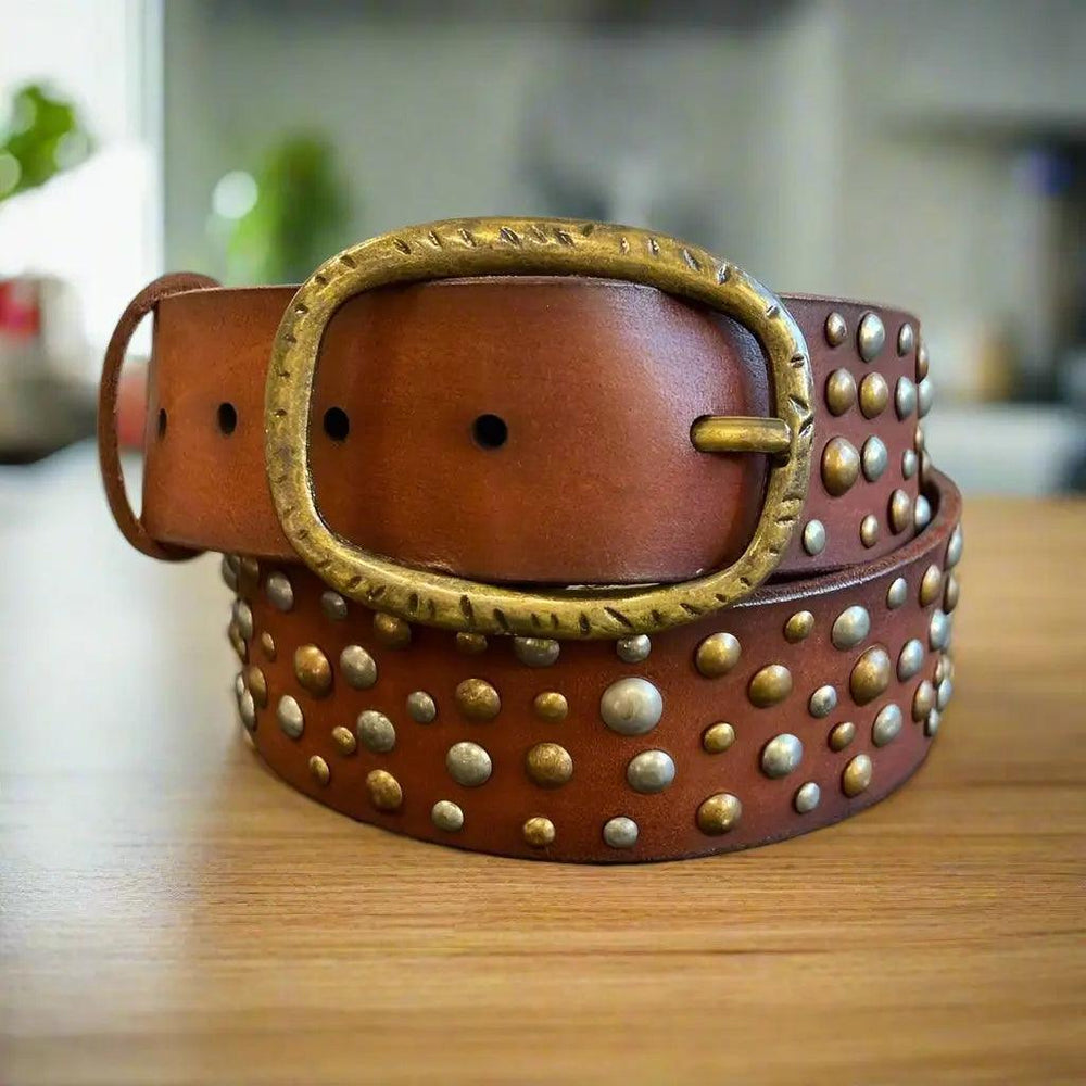 Women's Full Grain Leather Belt with Oval Buckle and Studs EX-STOCK Canada