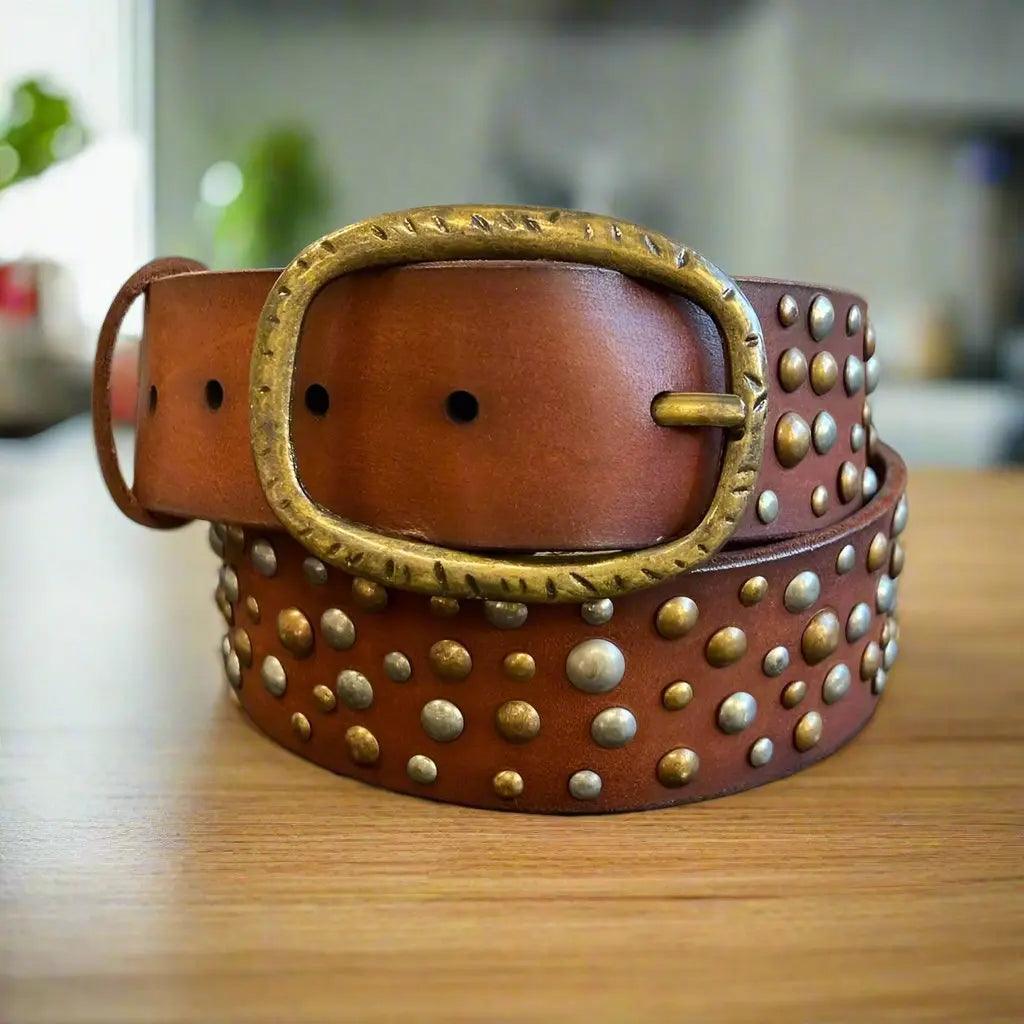 Women's Full Grain Leather Belt with Oval Buckle and Studs EX-STOCK Canada