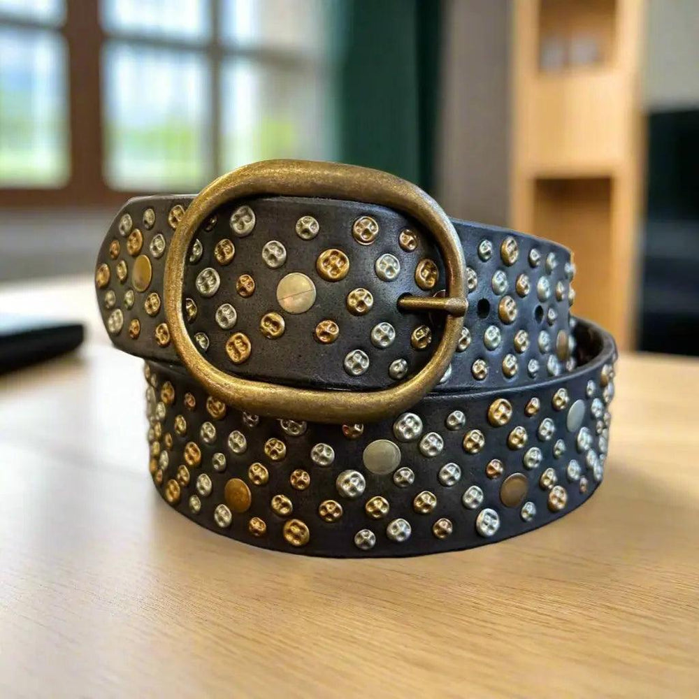 Women's Full Grain Leather Belt with Studs and Oval Buckle EX-STOCK Canada