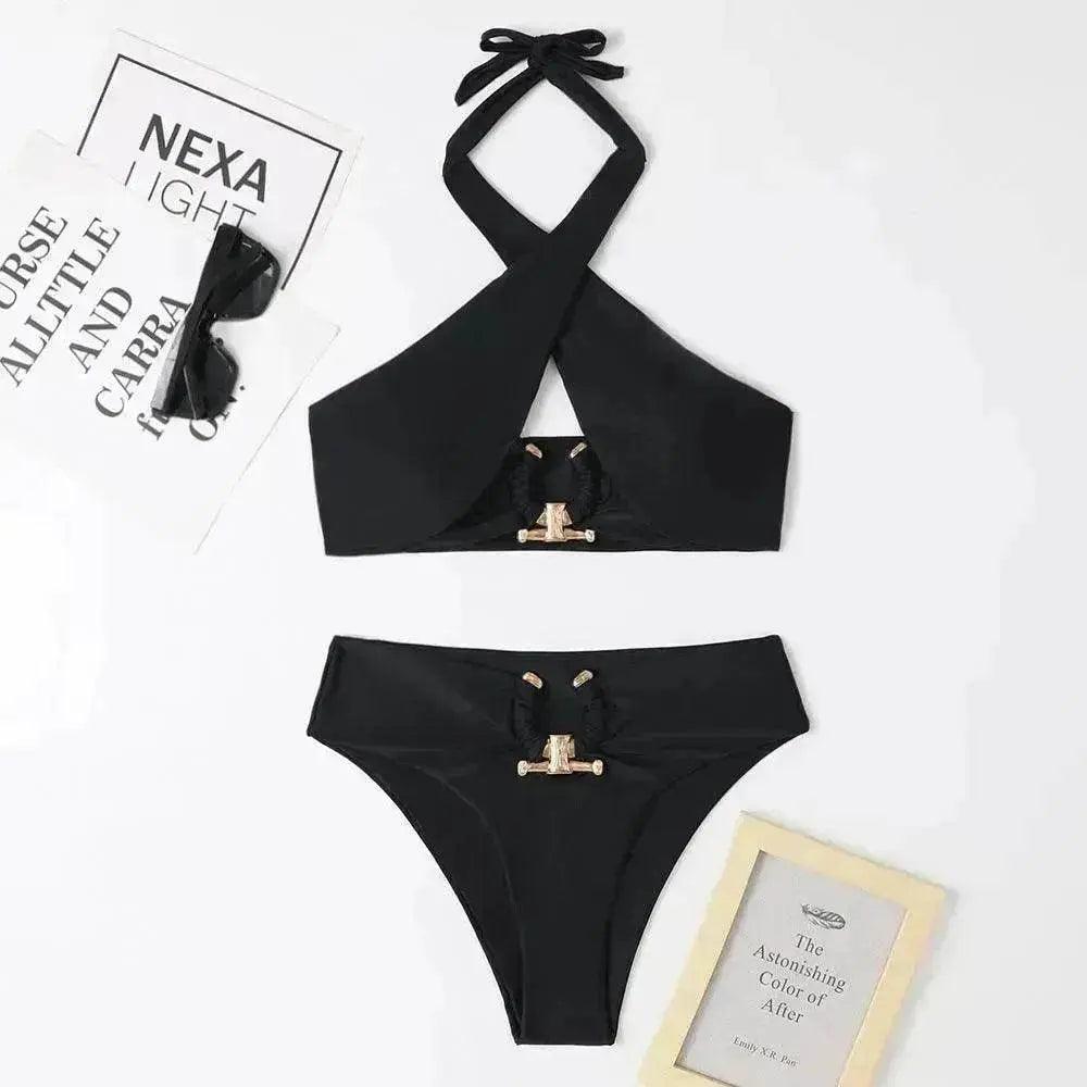 Maillot de bain pour femmes taille haute avec fente à la mode et dos nu croisé à encolure halter EX-STOCK Canada
