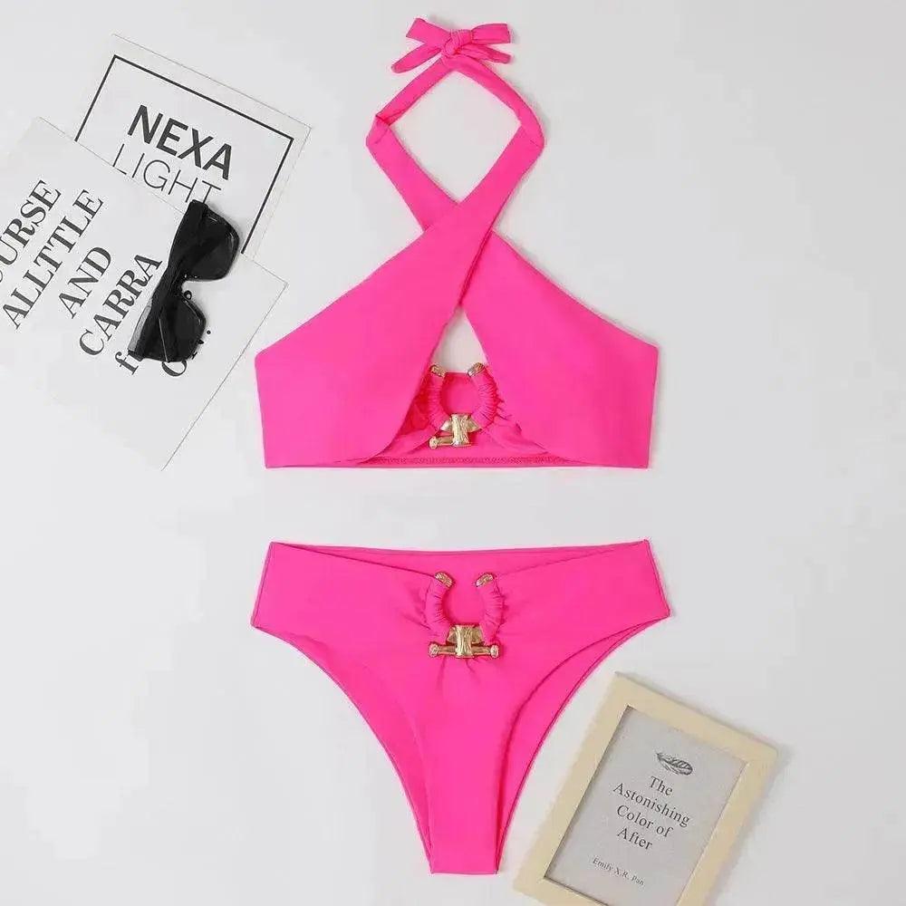 Maillot de bain pour femmes taille haute avec fente à la mode et dos nu croisé à encolure halter EX-STOCK Canada