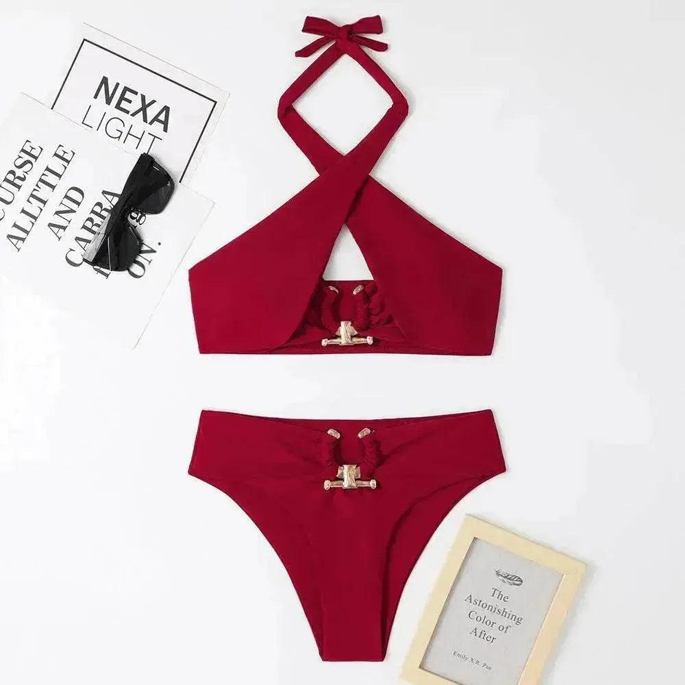 Maillot de bain pour femmes taille haute avec fente à la mode et dos nu croisé à encolure halter EX-STOCK Canada