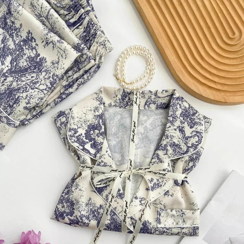 Women's Ice Silk Pajamas with New Ink Print Design: Long-Sleeved Homewear - EX-STOCK Canada