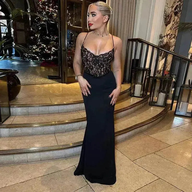 Women's Lace Jacquard Stitching Sheath Dress with V-Neck, Bare Chest and Suspenders Design - EX-STOCK Canada