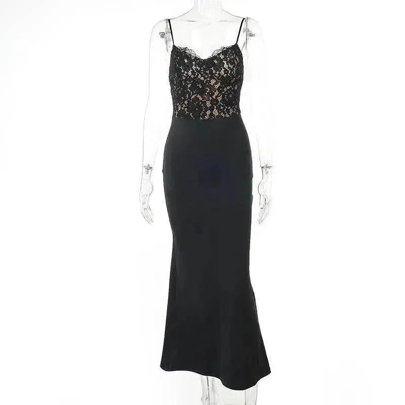Women's Lace Jacquard Stitching Sheath Dress with V-Neck, Bare Chest and Suspenders Design - EX-STOCK Canada