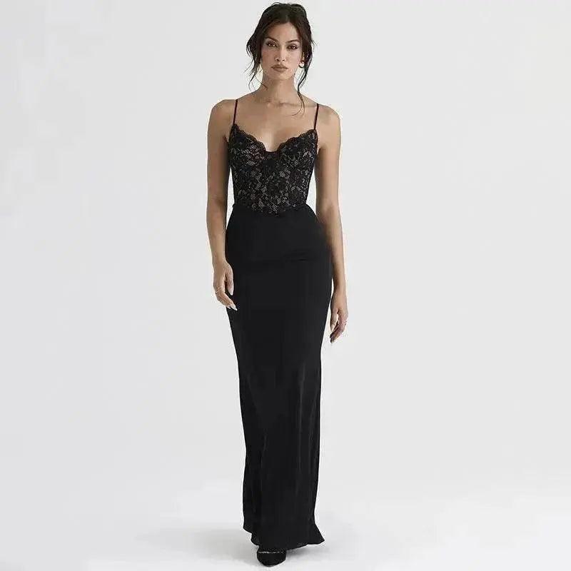 Women's Lace Jacquard Stitching Sheath Dress with V-Neck, Bare Chest and Suspenders Design - EX-STOCK Canada